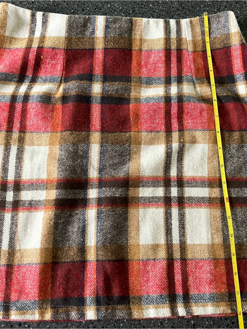 Plaid Wool-Blend Mini Skirt in Red and Tan